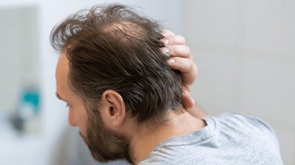 Fototapeta premium Man Examines Bald Spot in Mirror During Morning Routine in Natural Bathroom Light, Focusing on Hair Loss Awareness and Self-Care Habits