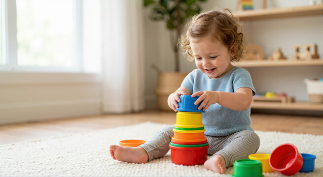Smiling toddler girl playing with colorful stacking cups on a rug. Little child learning and developing motor skills at home