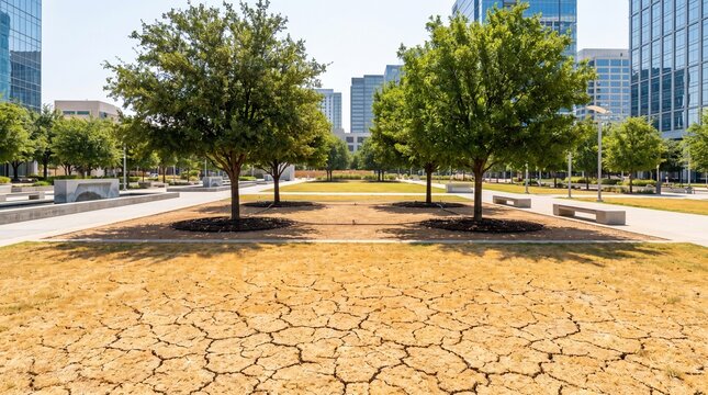 Cracked urban park lawn, Super El Nino city drought, Climate adaptation landscape, Water saving green space, Copy space