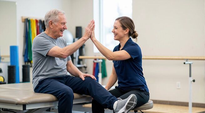 Elderly man giving high five to physical therapist in rehabilitation clinic. Senior patient receiving positive reinforcement and motivation during recovery treatment