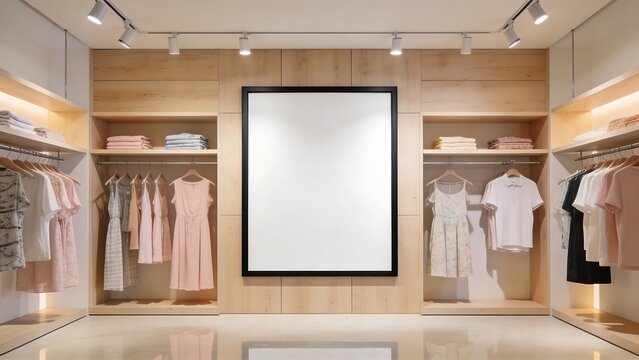 A rendering of the interior of a clothing store, with a large black framed picture hanging in the center.