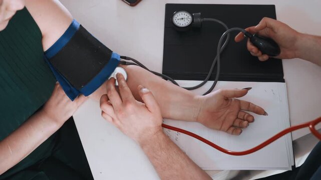 Black woman having blood pressure measured while nurse records readings on chart, cuff on upper arm, gauge and tubing on table, hands holding pen and paper, intimate home visit focused on prevention