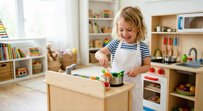 Little girl pretending to be a chef in a toy kitchen. Child wearing a white apron cooking toy vegetables in a playroom