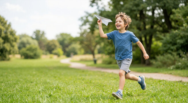 Smiling boy running in a park holding a paper airplane. Happy active child playing outdoors on green grass
