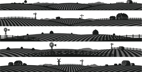 Farm landscape silhouettes with windmills and barns © SyedaAshrafunNessa