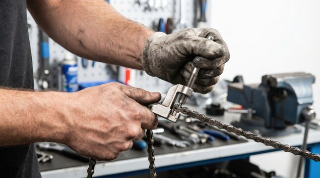 Mechanic hands wearing dirty gloves using a chain breaker tool to repair a bicycle chain in a workshop