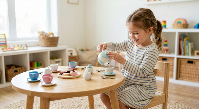 Young girl pouring tea from a toy teapot at a wooden table. Smiling child having a pretend tea party with wooden toys in a bright playroom