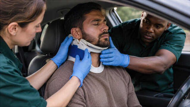 Paramedics Stabilizing Injured Man with Cervical Collar Inside Vehicle After Car Accident, Emergency Medical Services Providing First Aid for Trauma and Neck Injury