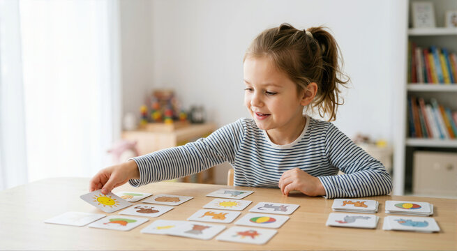 Smiling young girl playing a memory matching card game at a table. Child learning and developing cognitive skills in a bright playroom. Early childhood education concept