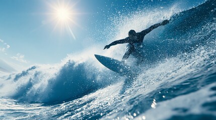 Fototapeta premium Surfer Rides Powerful Ocean Wave Under Sunny Sky in Dynamic Action Shot During Surfing Session