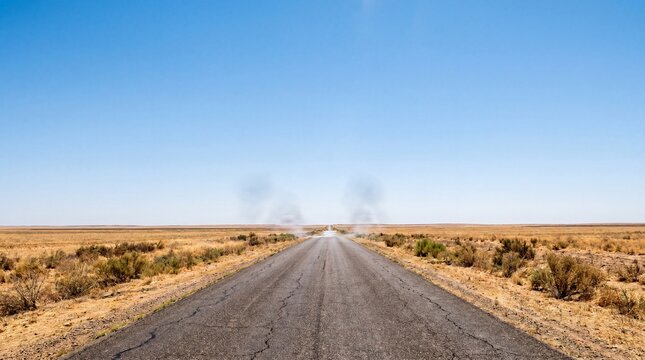 Heat shimmer empty road, Super El Nino heat wave, Climate change drought landscape, Dry plain horizon, Minimal copy space