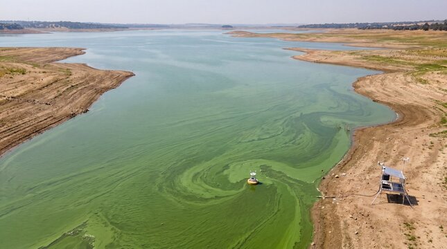 Algae bloom low reservoir, Super El Nino water quality risk, Climate change drought impact, Aerial shoreline, Environmental monitoring