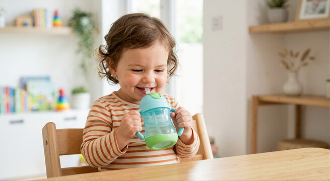 Smiling toddler drinking water from a blue sippy cup with a straw. Child sitting at a wooden table holding a plastic cup with both hands. Independent childhood hydration