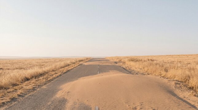Sand drift on rural road, Super El Nino wind drought, Climate change transportation hazard, Dry grassland, Minimal landscape