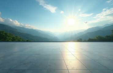 Obraz premium Sunny day clear sky over layered green mountains. Empty tiled platform in foreground offers great viewpoint. Peaceful natural landscape unfolds ahead. Vast horizon line beckons.