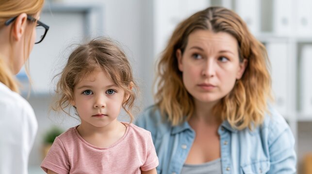 Mother Talks With Pediatrician About Childs Health in Clinic Setting With Child Present in Conversation