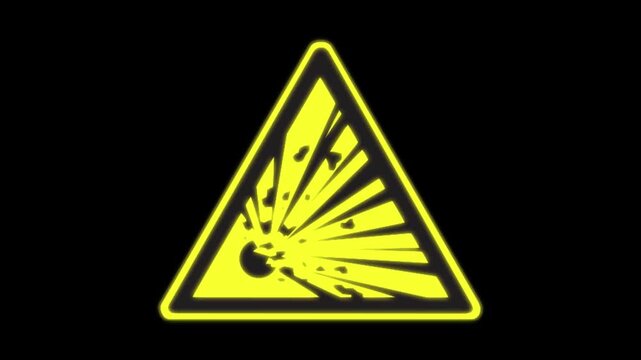 Explosive material hazard warning sign blinking light effect on yellow triangle explosion danger icon flashing on black background loop video