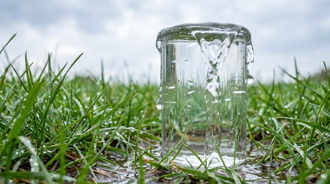 Overflowing rain gauge close up, Super El Nino heavy rainfall, Climate monitoring detail, Wet grass, Selective focus