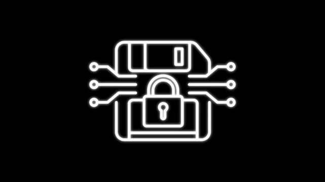 Encrypted hardware memory storage backup animation with blinking white floppy disk circuit icon and padlock flashing on black background loop video