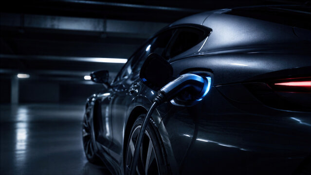 Sleek Modern Electric Vehicle Charging in a Dark Underground Garage, Close-up of EV Charging Port with Glowing Blue Light and Power Cable Connector