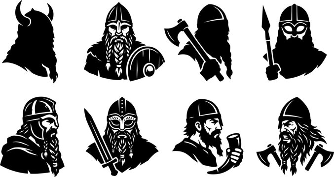 Set of eight Viking warrior silhouettes with weapons including axes and swords in traditional helmets and armor