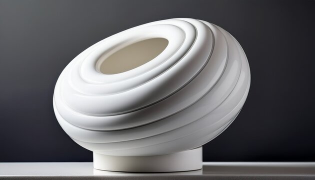 A Pristine White Sculpture Of An Open Toroidal Form Angled On A Small Square Pedestal
