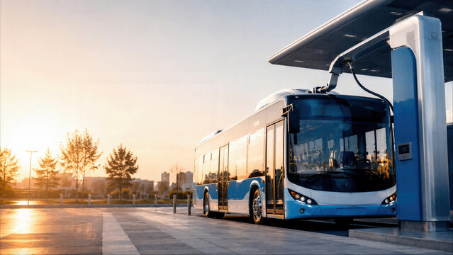 Electric bus charging at a modern urban station during a beautiful sunset, sustainable public transportation and eco-friendly city transit concept.