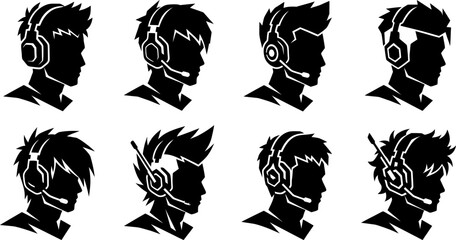 Collection of eight professional gamer profiles with gaming headsets and tactical microphones for esports branding © PIXAVIVE