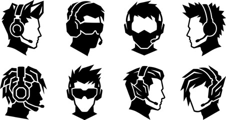 Set of eight gamer silhouettes with professional gaming headsets and stylish hairstyles for esports and streamer icons © PIXAVIVE