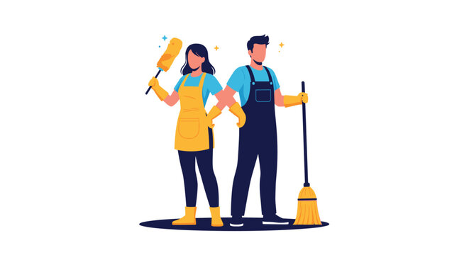 Professional cleaning service team with man and woman holding broom and duster tools standing against white background.