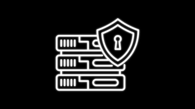 Cloud database server backup animation with blinking white outline icon and flashing gear on black background loop video