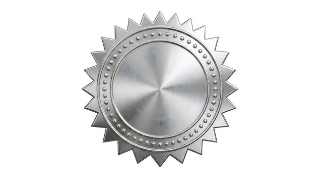 Metallic silver seal with jagged starburst edges, brushed chrome award medal, blank circular aluminum certificate stamp on white background