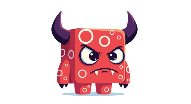 Grumpy red square monster character with purple horns and an angry facial expression isolated on a plain white background.