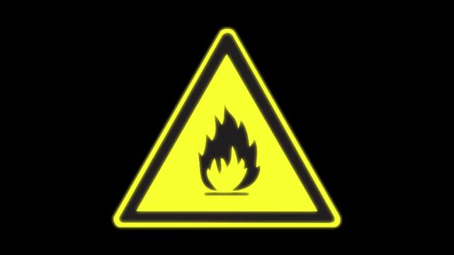 Flammable warning sign blinking light effect on yellow triangle hazard icon flashing on black background loop video