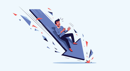 Obraz premium Businessman sliding down a large falling arrow representing financial loss economic crisis or stock market crash on white.