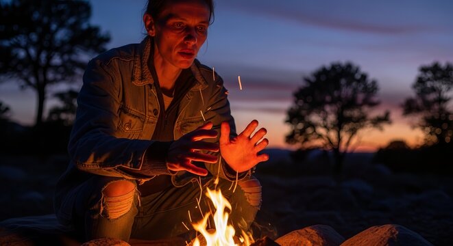 Man sitting by a campfire and warming hands at twilight outdoors  