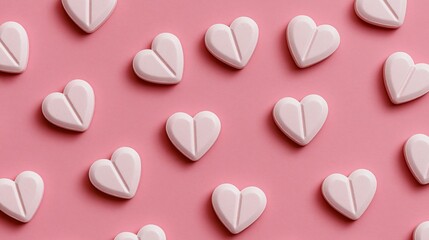 Obraz premium Heart Shaped Pills on Pink Background Show Medication for Mental Wellness and Creativity in Minimal Design