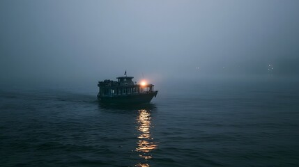 Obraz premium A scenic tourist boat travels through heavy diffused fog creating a romantic and serene maritime atmosphere