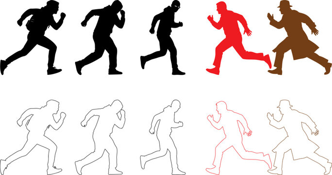 Running people Silhouette Set. Sprint, Escape and Chase Action Vector Collection