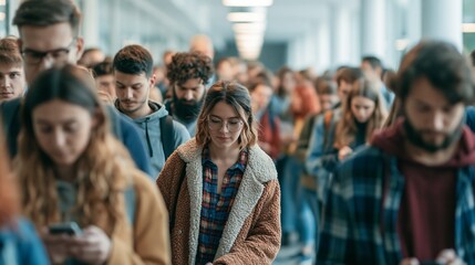 Fototapeta premium Students Wait in University Corridor Before Entrance Exams in Modern Academic Setting and Bright Interior Lighting