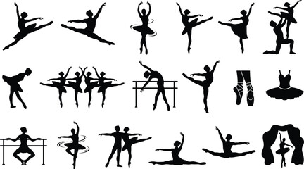 Ballet dancer silhouette collection featuring elegant poses, pirouettes, arabesques, and stage performance icons in vector design © MdMoksed