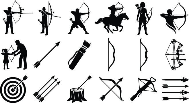 Archery silhouette collection with bows, arrows, targets, and figures practicing traditional and modern shooting styles
