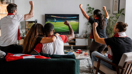 Fototapeta premium Enthusiastic multi-ethnic friends cheering and celebrating a goal while watching a professional soccer match on a large TV at home in a cozy living room.