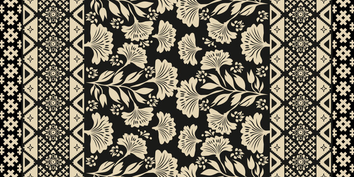 Luxury Ajrakh Style Seamless Pattern Vector with Traditional Indian Floral Border and Tribal Geometric Elements for Textile Wallpaper Design.Vintage Oriental Floral Seamless Surface Pattern Vector.