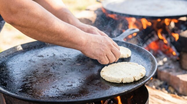 Man cooking traditional flatbreads on a large flat iron griddle over an outdoor campfire