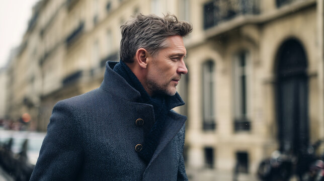 Middle-aged man in herringbone overcoat and knit scarf standing on stone city street in overcast winter light
