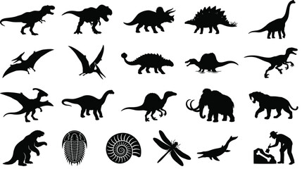 Prehistoric animal silhouette collection featuring dinosaurs, mammoths, fossils, and paleontology scenes in vector illustration design © MdMoksed