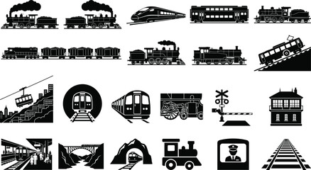 Rail transportation silhouette collection with steam locomotives, modern trains, subway systems, and railway infrastructure in vector design © MdMoksed