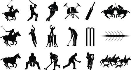 Sports silhouette collection featuring polo, cricket, rugby, golf, rowing, and athletic activities with equipment in vector design © MdMoksed