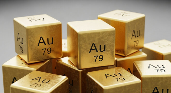 Shiny golden cubes displaying the chemical symbol 'Au' and atomic number '79' for gold, arranged in a close-up, abstract composition with a soft focus background, suggesting wealth, investme